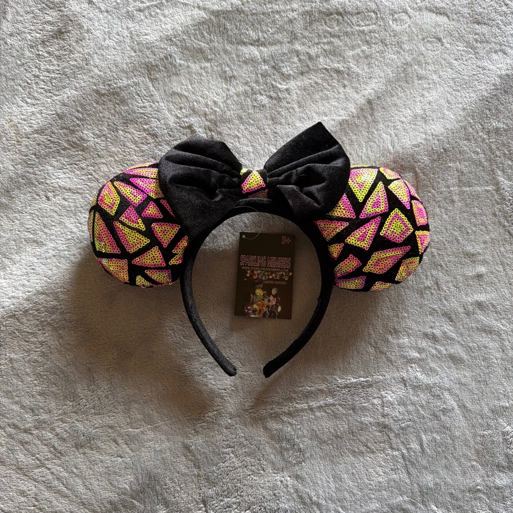 Sparkling Members Neon Sequin Mouse Ears Headband Black Bow NWT - M503